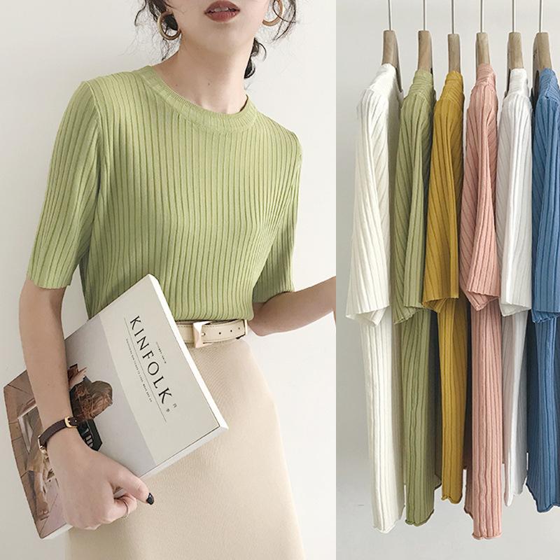 5分丈袖 ニットセーター レディース ニットTシャツ 夏 トップス ニット 薄手 きめ細かい 春秋 Tシャツ ..