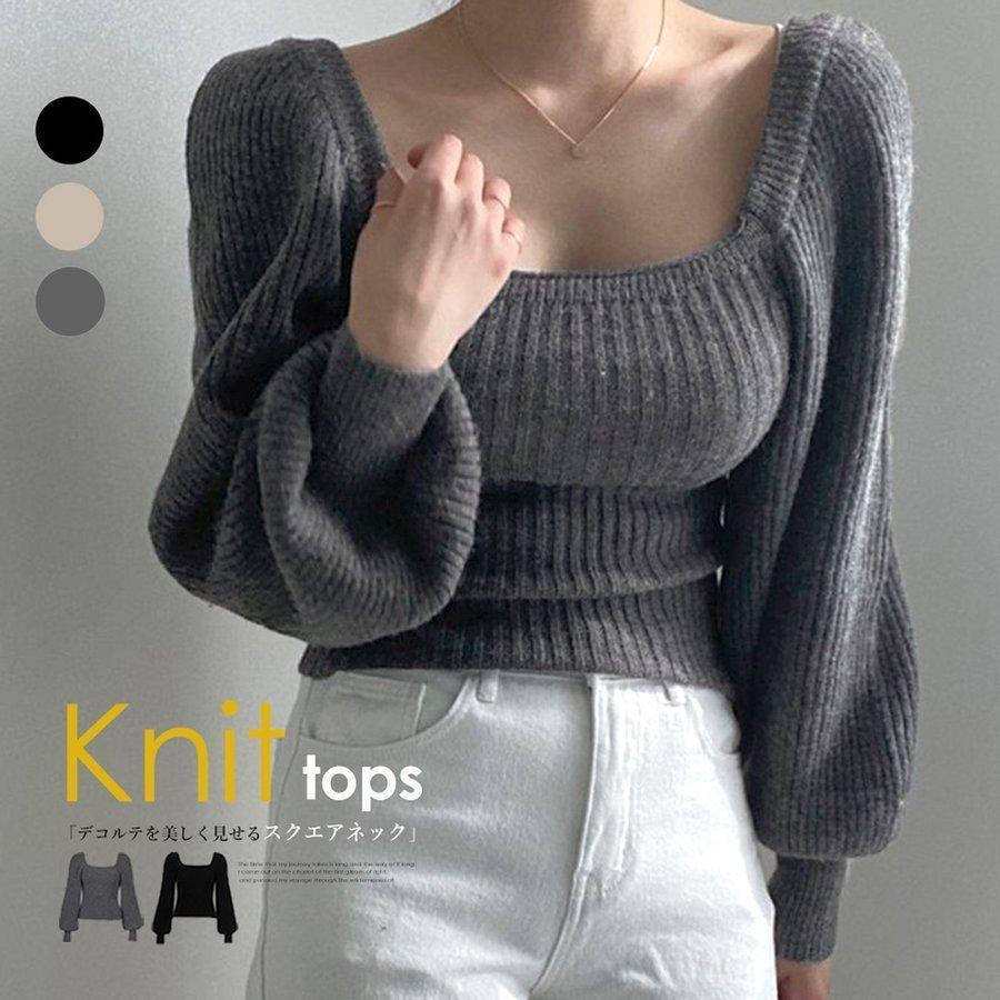 セーター レディース 秋冬 ニットトップス パフスリーブ ショート丈 スクエアネック 長袖 プルオーバー ニットソー 上品 着回し 着痩 ゆったり カジュアル