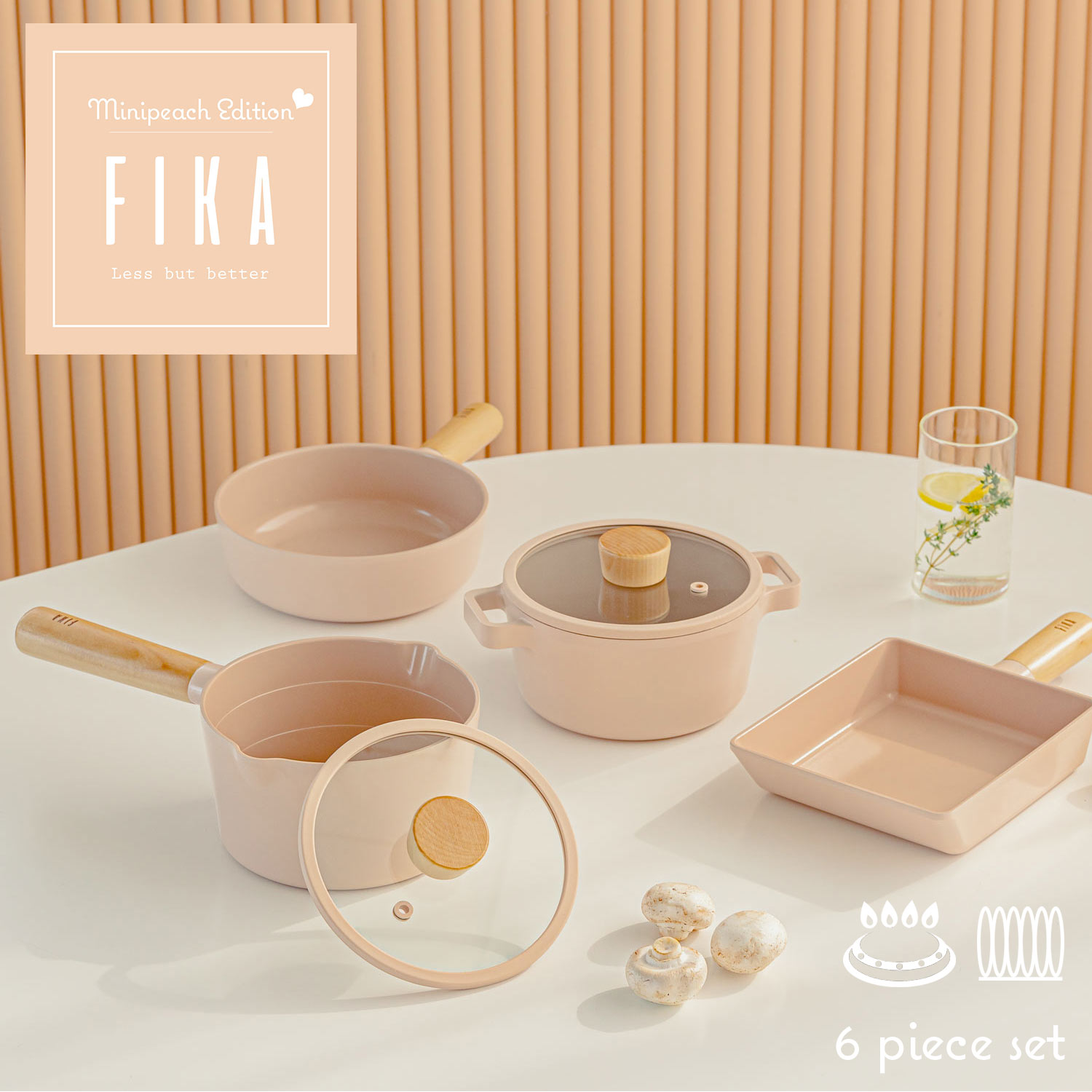  FIKA ピーチピンク6点セット フライパンセット 両手鍋 卵焼き器 セラミック 木製ハンドル IH ガス コンロ 韓国ブランド アルミ 可愛い シンプル おしゃれ 可愛い 綺麗 北欧 デザイン ピンク 人気 新築祝い 結婚祝い 一人暮らし お祝い 出産祝い ギフト 福袋