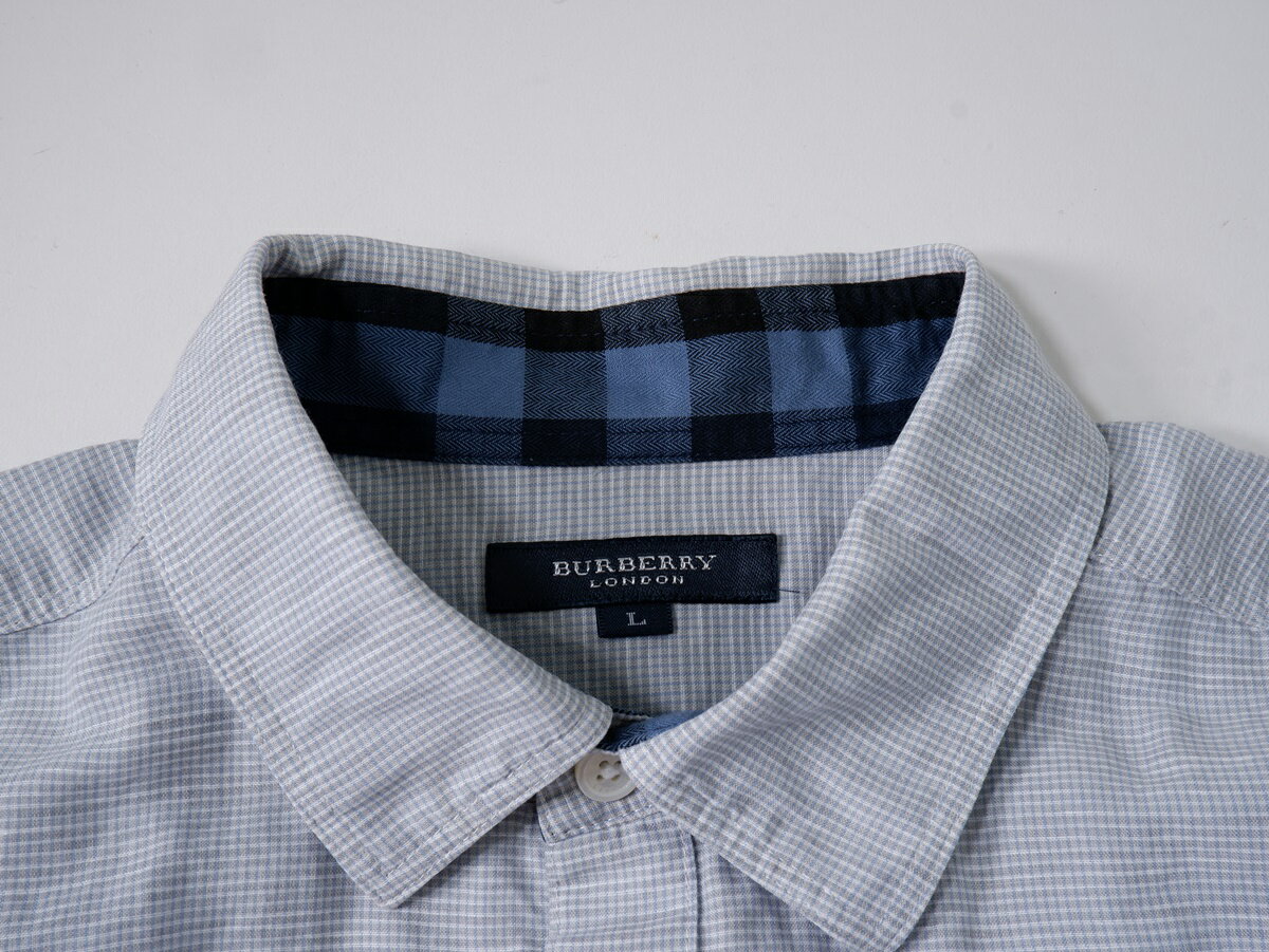 BURBERRY LONDONバーバリー ロンドン 裏チェック使い ホースマーク刺繍 リネンコットン7分袖シャツ【MSHA77902】【ブルー|グレー|白】【L】【中古】【沖縄.離島以外 送料無料】【DM250429】