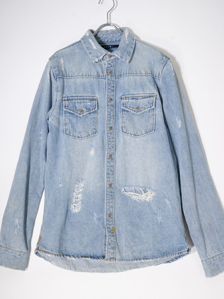 Ksubiスビ Ron Hermanロンハーマン別注 Damage Denim Shirtダメージ加工デニムシャツ【MSHA72605】【インディゴ】【XS】【中古】【沖縄.離島以外 送料無料】【DM230828】