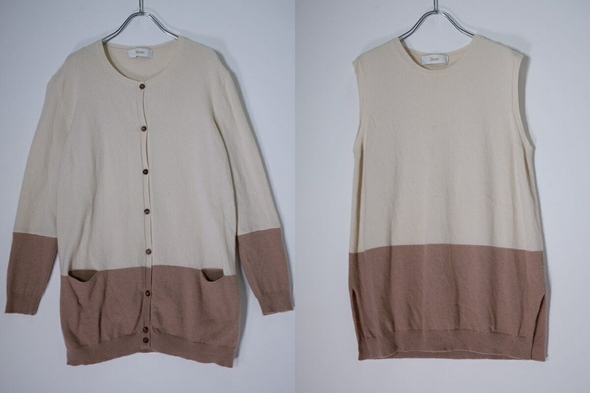 HERNOヘルノ 大きいサイズ イタリア製 上質カシミヤ100%アンサンブルニットカーディガン【LKNA80317】【アイボリー|ブラウン】【48】【中古】【沖縄.離島以外 送料無料】【DM260113 】
