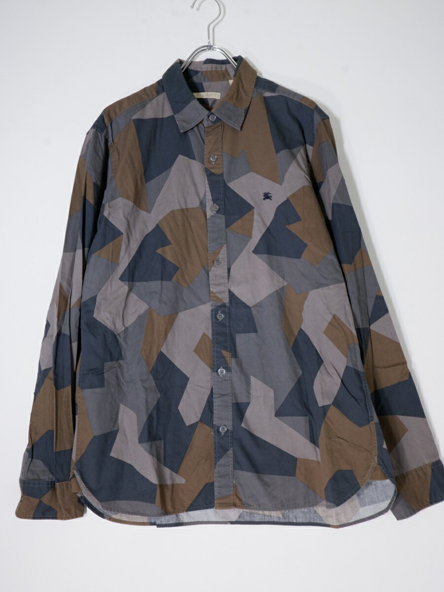 【楽天スーパーSALE期間中ポイント5倍!】BURBERRY BRITバーバリー ブリット ホースマーク刺繍 幾何学柄コットン長袖シャツ【MSHA77721】【マルチ】【L】【中古】【沖縄.離島以外 送料無料】【DM250325】