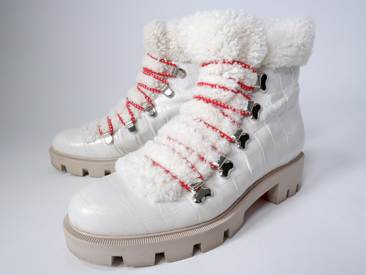 Christian Louboutinクリスチャンルブタン EDELVIZIR FLATクロコ型押し ボアブーツ【LFWA81823】【ホワイト】【38】【中古】【沖縄.離島以外 送料無料】【DM260526】