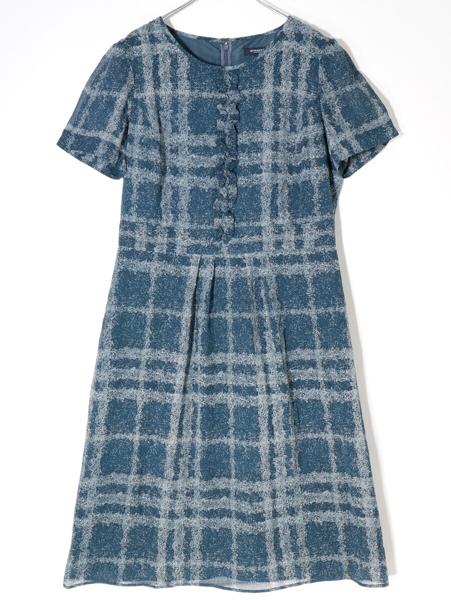 BURBERRY LONDONバーバリーロンドン シルク100％チェックフリルドレスワンピース【LOPA64623】【グリーン系】【38】【中古】【沖縄.離島以外 送料無料】【DM210710】