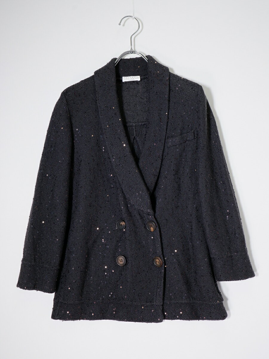 BRUNELLO CUCINELLIブルネロクチネリ スパンコール装飾 コットンリネンシルク ダブルデザインニットジャケット【LKNA81129】【ブラック(スミクロ系)】【S】【中古】【沖縄.離島以外 送料無料】【DM260310】