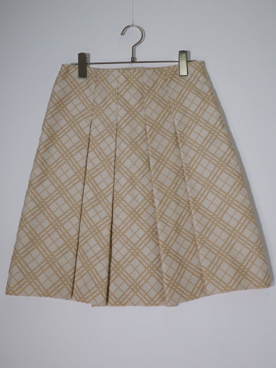 BURBERRY LONDONバーバリー ロンドン チェック刺繍 ウールポリシルク フロントタックプリーツスカート【LSKA81132】【ベージュ】【38】【中古】【沖縄.離島以外 送料無料】【DM260310】