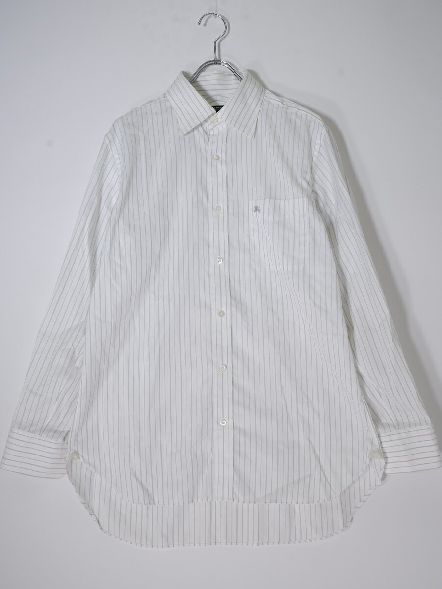 BURBERRY LONDONバーバリー ロンドン ホースマーク刺繍 レギュラーカラー ピンストライプ長袖ドレスシャツ【MSHA77538】【白】【41】【中古】【沖縄.離島以外 送料無料】【DM250429】