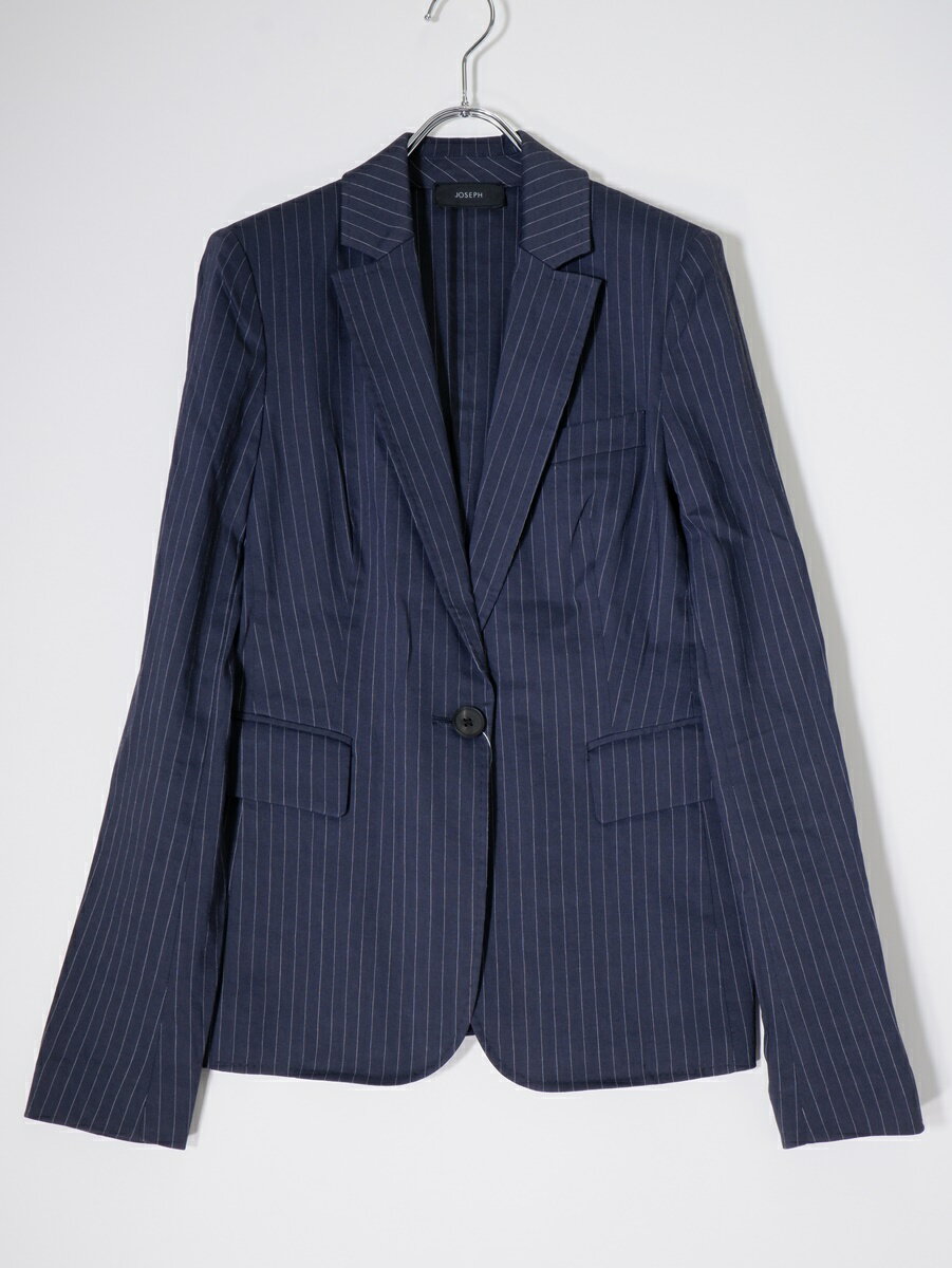JOSEPHジョセフ レディース 春夏 ストレッチ リネン ストライプ テーラードジャケット【LJKA79341】【ネイビー】【36】【中古】【沖縄.離島以外 送料無料】【DM250909】
