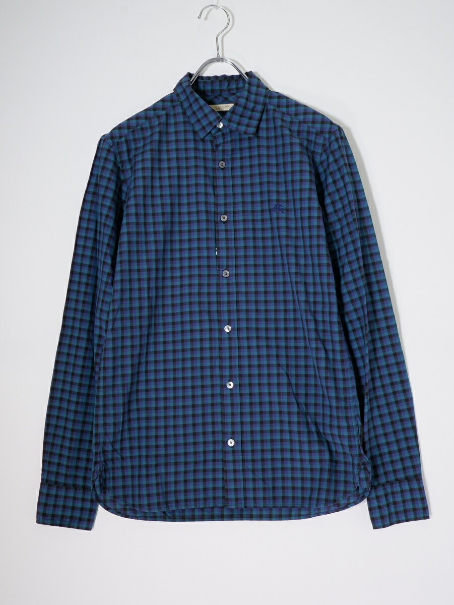 BURBERRY BRITバーバリー ブリット ホースマーク刺繍 ギンガムチェックコットン長袖シャツ【MSHA81352】【パープル|グリーン系マルチ】【XS】【中古】【沖縄.離島以外 送料無料】【DM260331】