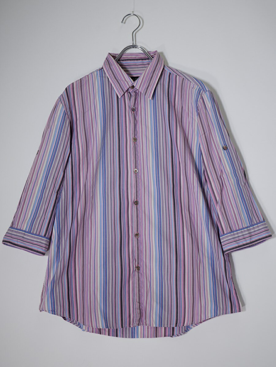 Rakuten - 【楽天スーパーSALE期間中ポイント5倍!】PAUL SMITH LONDONポールスミス ロンドン マルチストライプ ロールアップ7分袖コットンシャツ【MSHA78857】【マルチ】【L】【中古】【沖縄.離島以外 送料無料】【DM250812 】
