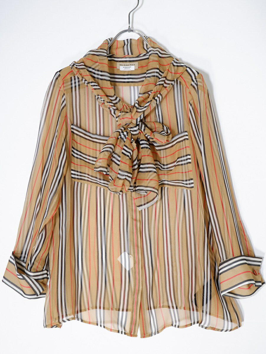 バーバリーBURBERRY Icon Stripe Silk Pussy-bow Blouseアイコンストライプ チェック プッシーボウ シルクブラウス【LSHA69659】【ベージュ】【38】【中古】【沖縄.離島以外 送料無料】【DM221107】