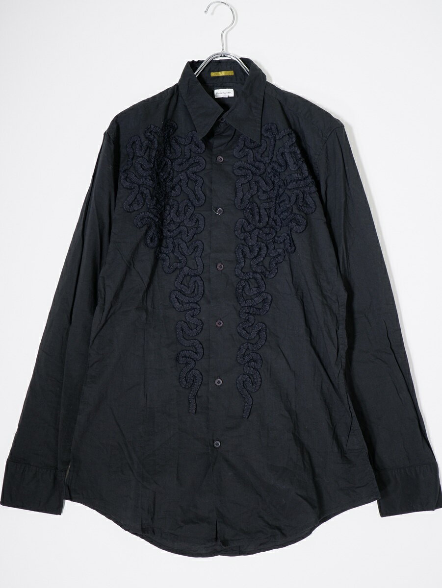Paul Smithポールスミス パッチワークフリル装飾 インド綿ドレスシャツ【MSHA79359】【ブラック】【S】..