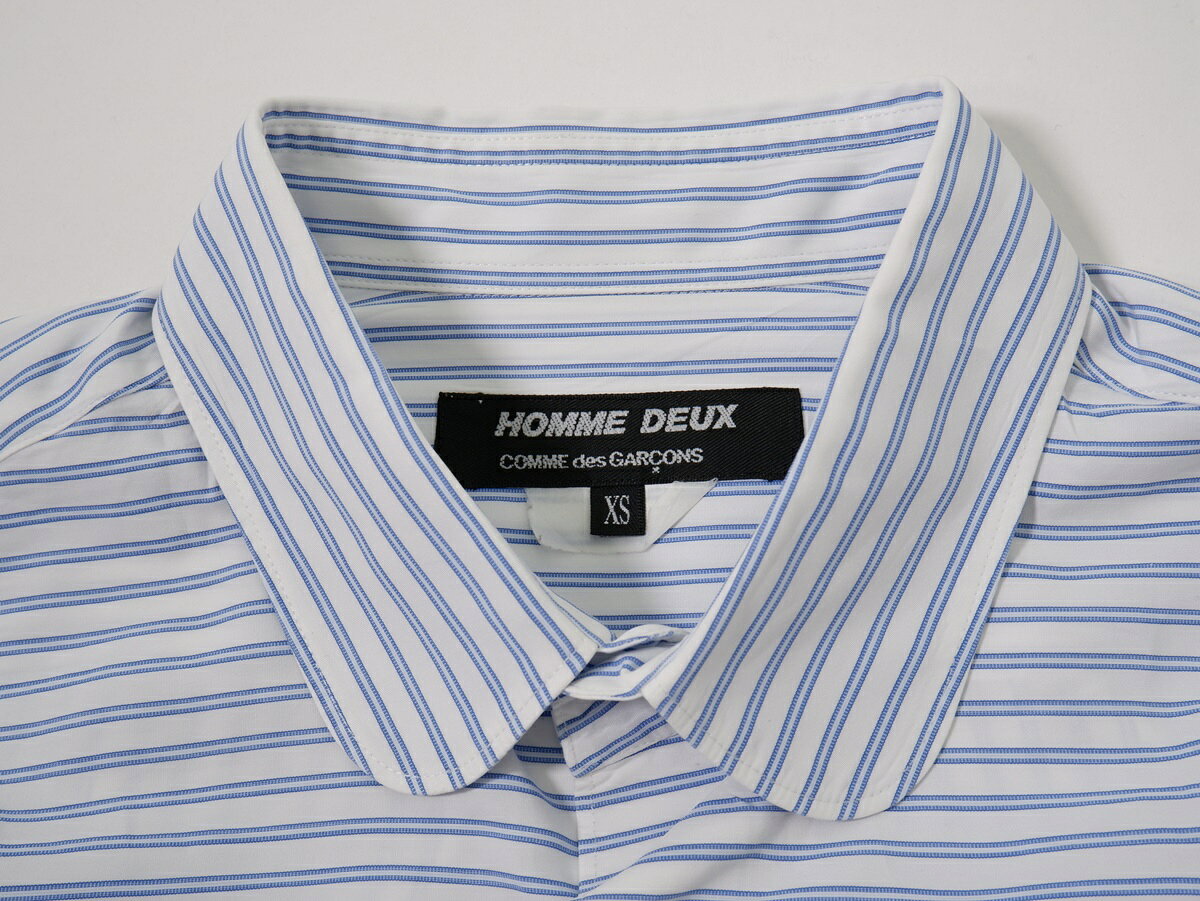 COMME des GARCONS HOMME DEUX/コムデギャルソンオムドゥ ボーダーストライプ切替 ラウンドカラー丸襟シャツ【MSHA75069】【白|青】【XS】【中古】【沖縄.離島以外 送料無料】【DM240521】