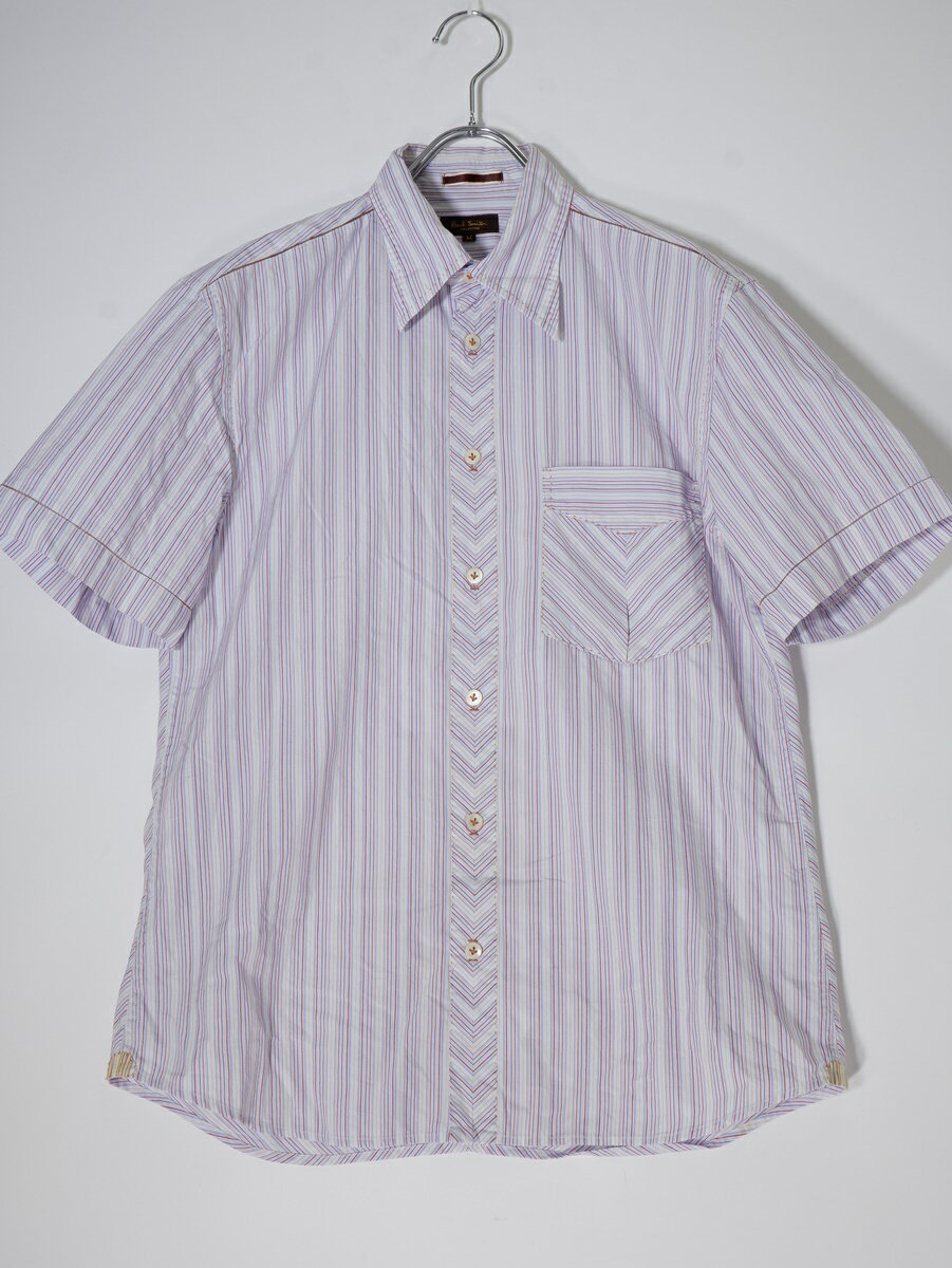 Paul Smith Collectionポールスミス コレクション ハンドステッチ マルチストライプ コットン半袖シャツ【MSHA75672】【白|赤紫系マルチ】【M】【中古】【沖縄.離島以外 送料無料】【DM240731】