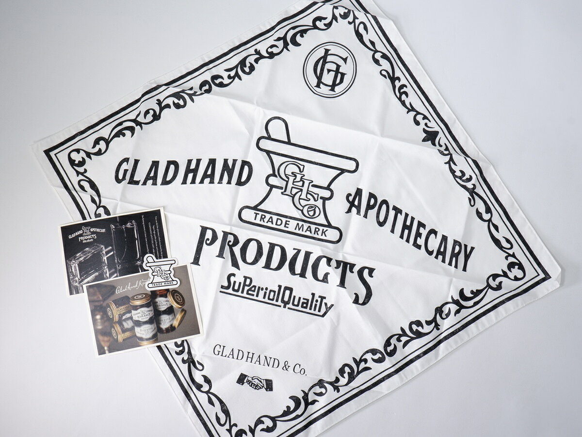 アイテム説明 ブランド GLAD HANDグラッドハンド アイテム BANDANA大判バンダナ未使用品 サイズ FREE　横約54cm×縦約54cm カラー ホワイト 素材 表記無し/コットン系 状態 S:未使用（特記事項:撮影と検品の為、開封） コメント 【素材感】→コットン系【付属品（取り外し可）】→ポストカード2枚/ステッカー 商品番号 MZCA83477 表示番号 DM260915