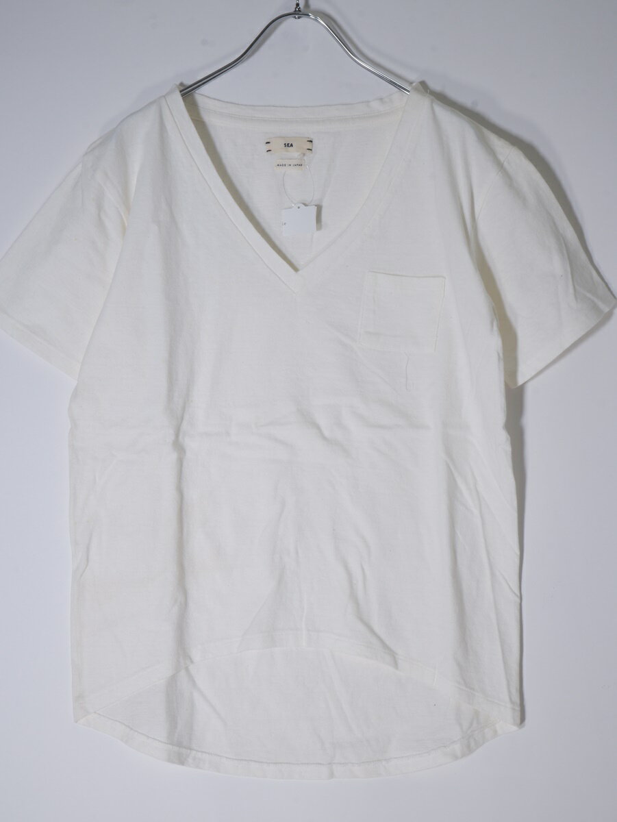 SEAシー(sea rie) ヴィンテージ加工VネックポケットTシャツ新品【LTSA54679】【白】【フリー】【未使用】【沖縄.離島以外 送料無料】【DM220829】