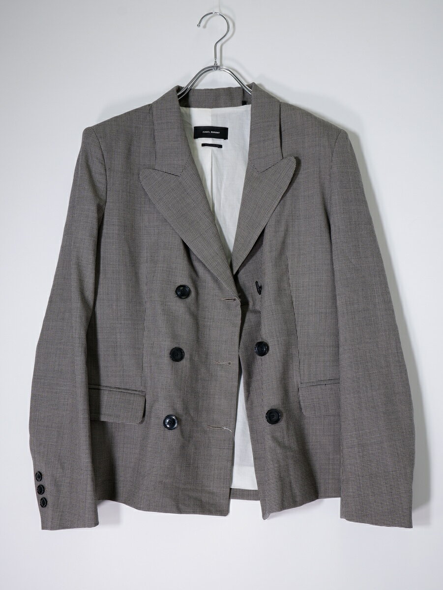 ISABEL MARANTイザベルマラン ウールギャバジン ハウンドトゥース ダブルブレストジャケット【LJKA79689】【ブラック|グレー】【40】【中古】【沖縄.離島以外 送料無料】【DM251028】
