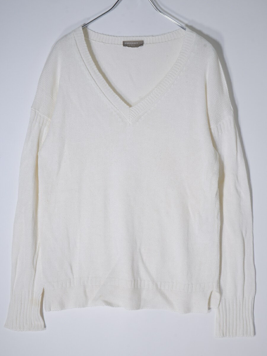 MARGARET HOWELLマーガレットハウエル スコットランド製リネンコットンVネックニット【LKNA68699】【白】【2】【中古】【沖縄.離島以外 送料無料】【DM220711】