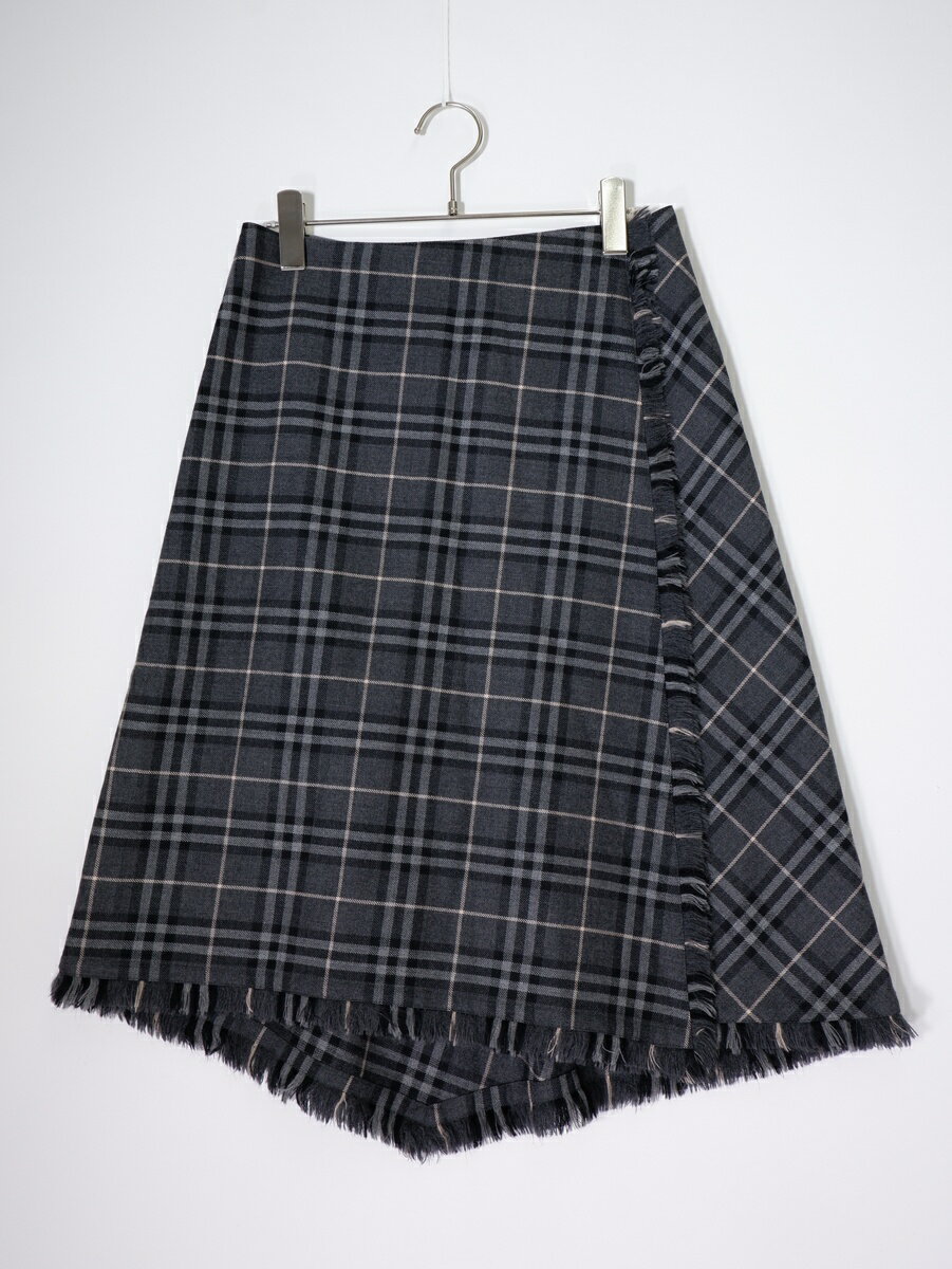 BURBERRY LONDONバーバリー ロンドン 定番チェック ラップフリンジデザイン ウールスカート【LSKA81399】【グレー】【40】【中古】【沖縄.離島以外 送料無料】【DM260407】