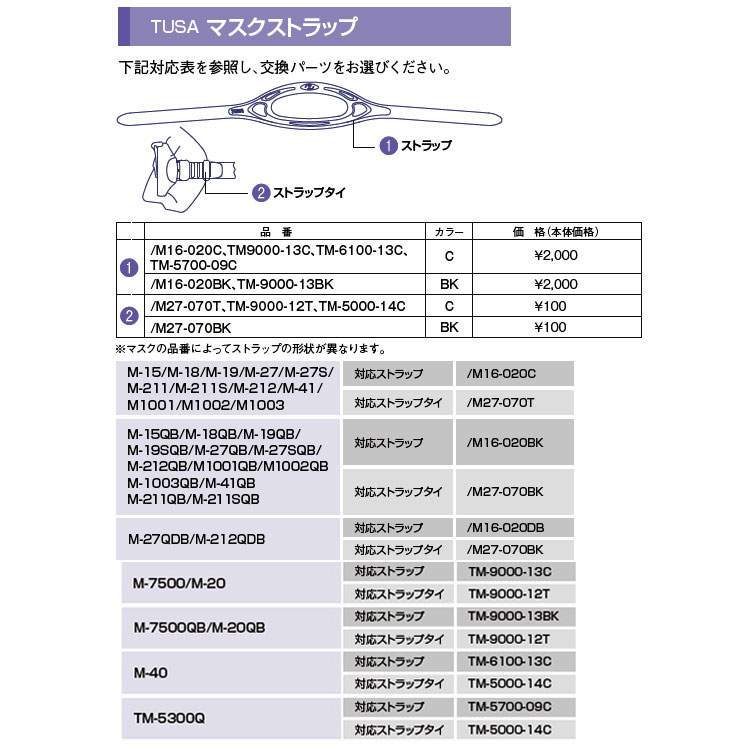 TUSA / TUSA SPORT マスク用 マスクストラップタイ【1個】 【M27-070】 M15/M18/M19 M27/M212 M1001/M1002/M1003 M41/M211/M27/UM111用　M2001 SQB M2001SQWこちらはパーツのみです　取寄せ商品
