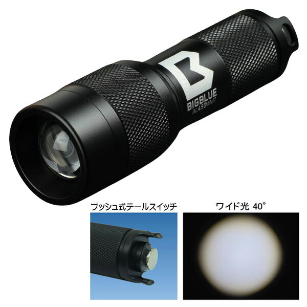 ダイビング専門店ファインドのZERO ゼロ 水中ライト bigblue AL-450WM Tail 450ルーメンの明るさ プッシュ式テールスイッチ 乾電池｜アングル3