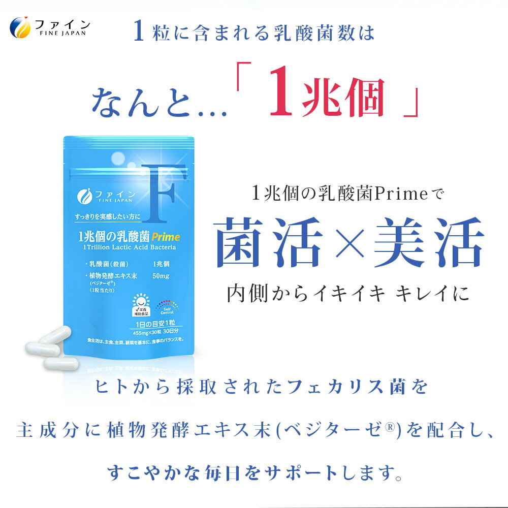 【9日からP10倍】オンライン限定 送料無料 ファイン 1兆個の乳酸菌 Prime 30日分 30粒 乳酸菌 サプリ サプリメント マルトデキストリン デキストリン フェリカス菌 ベジカプセル FINE 3