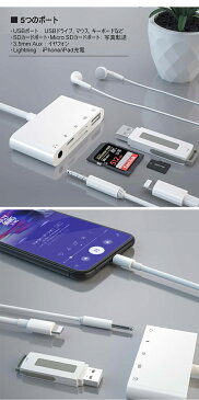 【Lightning 5in1】在宅ワーク iPhone iPad 5port USB2.0 テレワーク リモートワーク SDカード ライトニング 充電 チャージ イヤフォン 3.5 変換プラグ 5ポート コネクタ 充電器 充電 同期 データ通信 microusb スマホ スマートフォン 変換アダプタ写真 動画 転送 アイフォン