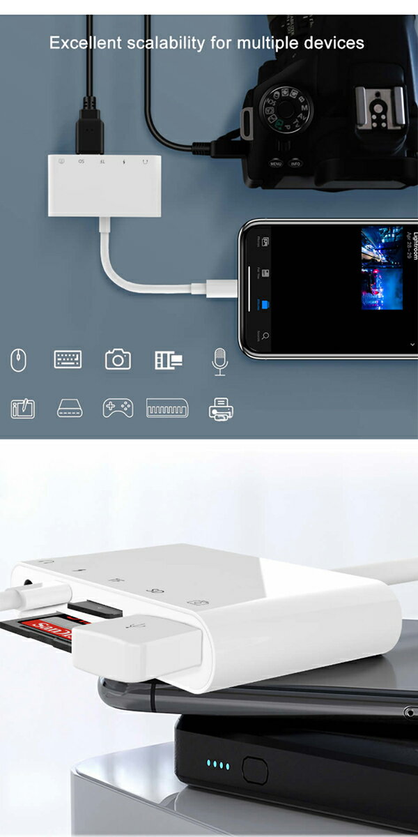 【Lightning 5in1】在宅ワーク iPhone iPad 5port USB2.0 テレワーク リモートワーク SDカード ライトニング 充電 チャージ イヤフォン 3.5 変換プラグ 5ポート コネクタ 充電器 充電 同期 データ通信 microusb スマホ スマートフォン 変換アダプタ写真 動画 転送 アイフォン