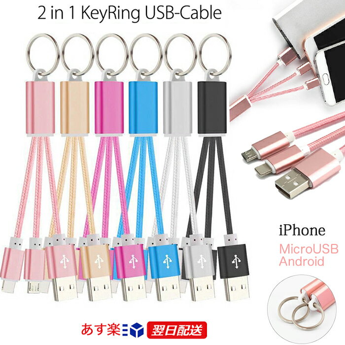 2in1一体型USB充電ケーブル キーホルダータイプ　 MicroUSB搭載のAndroid　iPhoneX iPhone8 iPhone7 iPhone12 iPhone13対応 microUSBケーブル　アイフォンケーブル　MicroUSBアンドロイド