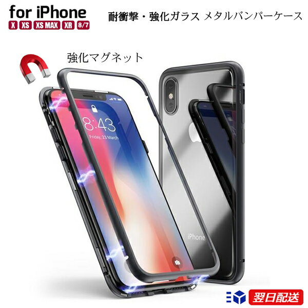 『18』iPhoneケース　衝撃吸収　アルミバンパーケース iPhoneXS X XR MAX 耐衝撃 9H強化ガラスマグネット式 背面ガラス