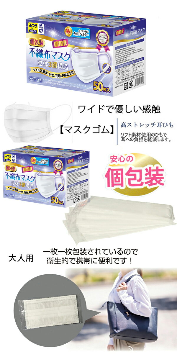 【SALE!】個別包装不織布マスク普通サイズ150枚ホワイト使い捨てマスクフェイスマスク男女兼用・防塵・花粉・飛沫対策マスク