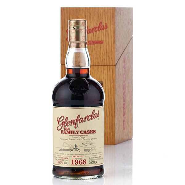 Glenfarclas 1968 Family Cask #534 / グレンファークラス 1968 ファミリーカスク #534 . In 1865, John Grant took over the tenancy of Rechlerich farm from the Ballindalloch estate, over the generations the distiling side of the business grew and during the 1890s John grant's grandchidren sought outside capital to better take advantage of the then growth in the whisky industry.They formed a partnership with Pattison but their company bankrupted, what became know as 'The Pattison Crisis' and had a serious impact on Glenfarclas, despite this and two world wars and Prohibition, the Grants continued to build Glenfarclas and for thanks to the forethought of their family, Georges Steward Grant made a Coection of 43 consecutives vintages from 1952 to 1994, from sherry casks at cask strenght.This whisky was distilled in 1968 and bottled from sherry cask70cl/50% Fine and Rareは希少な格付けワイン、シャンパンやスピリッツを中心に取り扱っており、お客様にぴったりの商品をご案内致します。また、安心してご利用いただくために主にヨーロッパのシャトーやドメーヌなど、信頼性の高い生産者より商品を買い付けております。不良や異常のある場合は商品のお届けから8日以内にFine and Rareまでお知らせくださいませ。Fine and Rare specializes in fine and rare wines, champagne and spirits, exactly the kind of products you are looking for, our sources are mainly Châteaux and Domains, private wine cellars and other reliable wine companies in Europe to ensure the authenticity of our wines, Fine and Rare must be notified of any defects or irregularities no later than 8 days after the collection of the receipt of the goods. 1