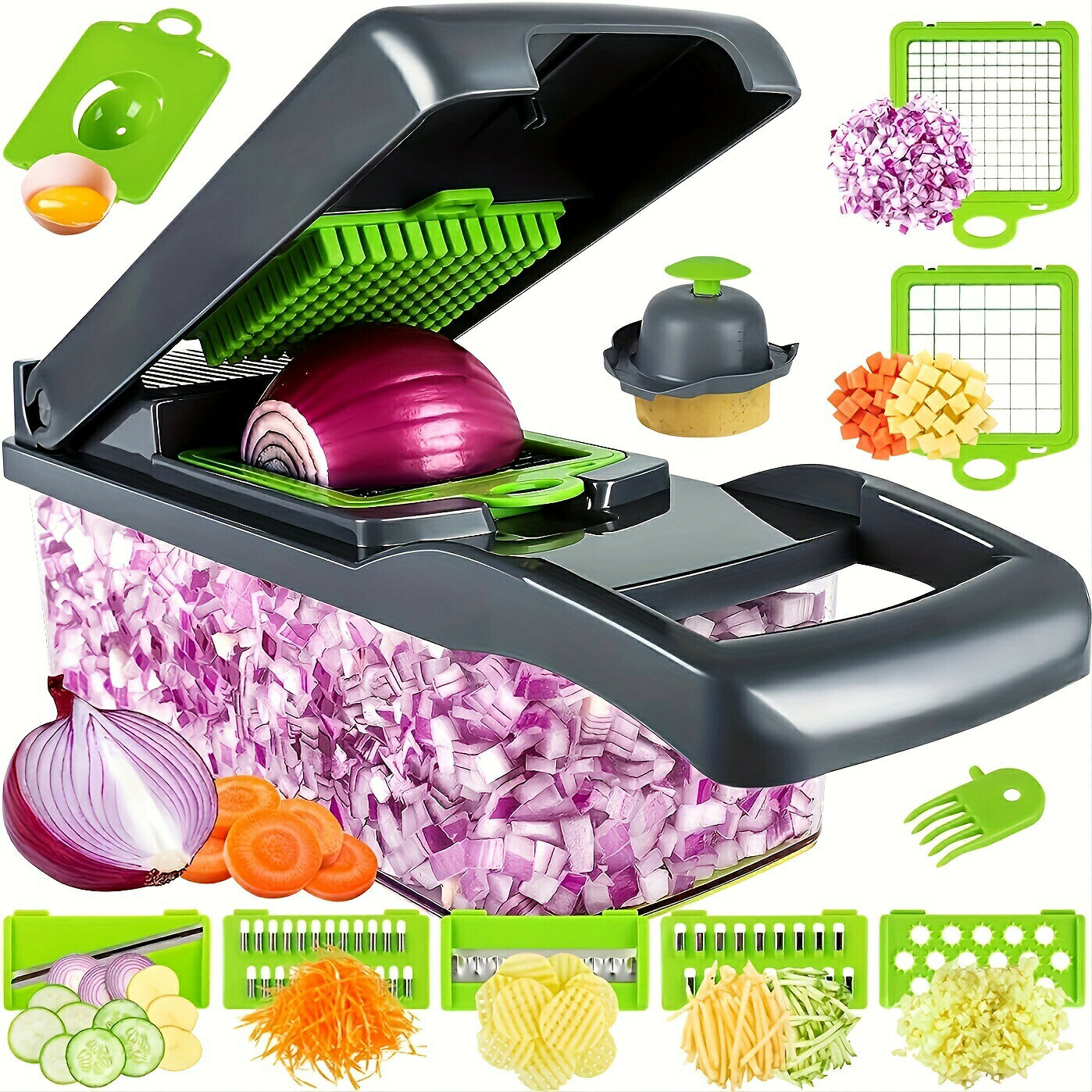 Rakuten - 野菜オニオンチョッパー キッチン 15イン1 食品チョッパー 8ブレードカッター コンテナ付き(34.8*11.94cm) 1セット