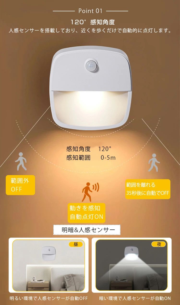 感知 調節 調整 明るさ 自動点灯 LEDライト ナイトライト フットライト 人感センサ...