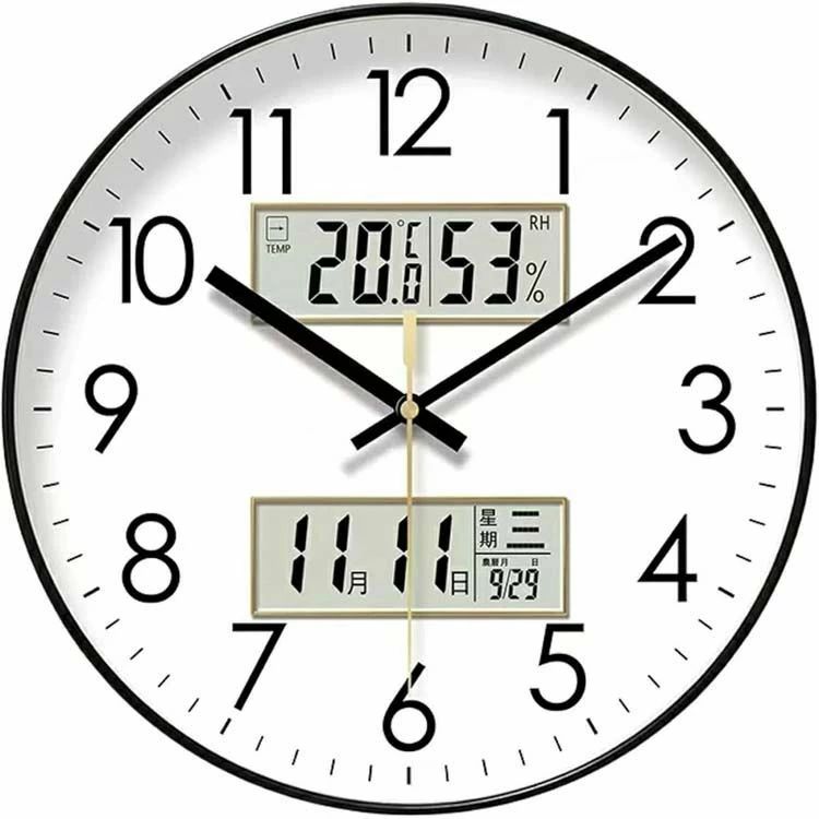 【商品コード】：y813757【カラー】ブラック、ゴールド、ホワイトブラック【10インチ】、ゴールド【10インチ】、ホワイト【10インチ】、ブラック【12インチ】、ゴールド【12インチ】、ホワイト【12インチ】、ブラック【14インチ】、ゴールド【14インチ】、ホワイト【14インチ】原産国 : 中国【この商品について】壁掛け時計サイズ:直径25/30/35 重量:1kg 電源:5号電池2個(電池別売) 機能:連続秒針 温度計(-20~45℃) 湿度計(0~99%) カレンダー表示(2099年12月31日まで) ユニバーサルデザインフォント使用【壊れにくく静かな秒針】壁掛け時計のように滑らかに動く連続秒針を採用。ピンと刺さるような音がしないので、寝室や静かな部屋に最適です。滑らかな秒針が、安らかな眠りと時間への集中を助けます。【便利なデジタル温度・湿度・カレンダー付き壁掛け時計】デジタル液晶文字盤でお部屋の状態（温度・湿度）や日付を確認できます。【快適なデザイン】壁掛け時計はスタイリッシュです。時刻を確認しやすくするために、外枠を小さくし、幅広のデザインにすることを心がけています。【時計 温湿度】「視認性」を見直し、流行に左右されない。文字の太さと目盛りを見直しました。この壁掛け時計は、読みやすいユニバーサルデザインフォントを採用した、長く使えるデザインです。※簡易包装となりますのでご理解の程よろしくお願いします。※手動測定による1〜3cmの測定偏差を許容してください。※モニターや光の効果が異なるため、実際の色は写真の色と若干異なる場合があります。※仕様・デザインは改良のため予告なく変更することがあります。。【商品コード】：y813757【カラー】ブラック、ゴールド、ホワイトブラック【10インチ】、ゴールド【10インチ】、ホワイト【10インチ】、ブラック【12インチ】、ゴールド【12インチ】、ホワイト【12インチ】、ブラック【14インチ】、ゴールド【14インチ】、ホワイト【14インチ】原産国 : 中国【この商品について】壁掛け時計サイズ:直径25/30/35 重量:1kg 電源:5号電池2個(電池別売) 機能:連続秒針 温度計(-20~45℃) 湿度計(0~99%) カレンダー表示(2099年12月31日まで) ユニバーサルデザインフォント使用【壊れにくく静かな秒針】壁掛け時計のように滑らかに動く連続秒針を採用。ピンと刺さるような音がしないので、寝室や静かな部屋に最適です。滑らかな秒針が、安らかな眠りと時間への集中を助けます。【便利なデジタル温度・湿度・カレンダー付き壁掛け時計】デジタル液晶文字盤でお部屋の状態（温度・湿度）や日付を確認できます。【快適なデザイン】壁掛け時計はスタイリッシュです。時刻を確認しやすくするために、外枠を小さくし、幅広のデザインにすることを心がけています。【時計 温湿度】「視認性」を見直し、流行に左右されない。文字の太さと目盛りを見直しました。この壁掛け時計は、読みやすいユニバーサルデザインフォントを採用した、長く使えるデザインです。※簡易包装となりますのでご理解の程よろしくお願いします。※手動測定による1〜3cmの測定偏差を許容してください。※モニターや光の効果が異なるため、実際の色は写真の色と若干異なる場合があります。※仕様・デザインは改良のため予告なく変更することがあります。