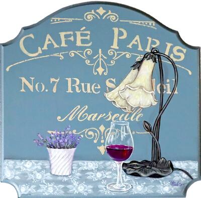 トールペイント　ご自分で描く図案付無塗装白木素材 　cwk-256　カフェパリ　ステンシルシート3枚付き