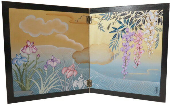 トールペイントご自分で描く図案付白木素材キット 2曲屏風（大）　あやめに藤　cwk-245　丁番2ヶビス付き　季節を描いた小ぶりの屏風。