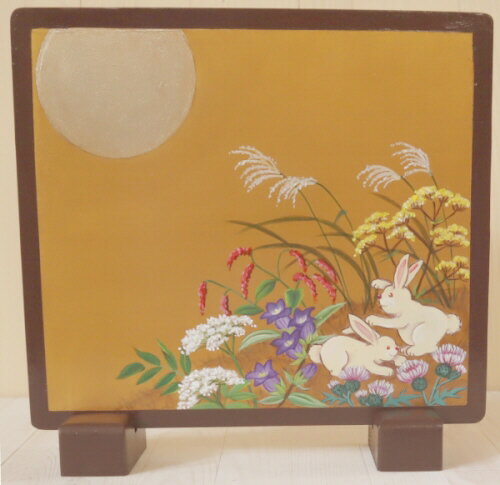 トールペイントご自分で描く図案付白木素材セット 　cwk-249　ミニ衝立　秋草と月夜のうさぎ