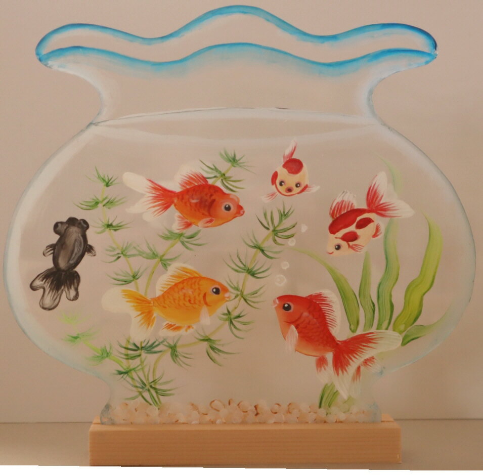 窓辺やお部屋を素敵に演出　アクリル板透明に絵具でご自分で描く図案付き素材　金魚　cwk-272　金魚鉢（大）　台付き