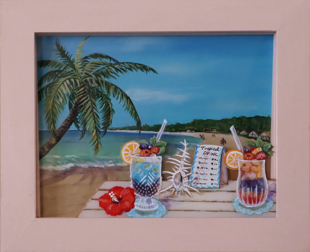 樂天商城 - 後ろのシナ合板と前のアクリル板に描く奥行を持たせた二枚重ねのペイントアート　cwk-1400 トロピカルビーチ＆ドリンク