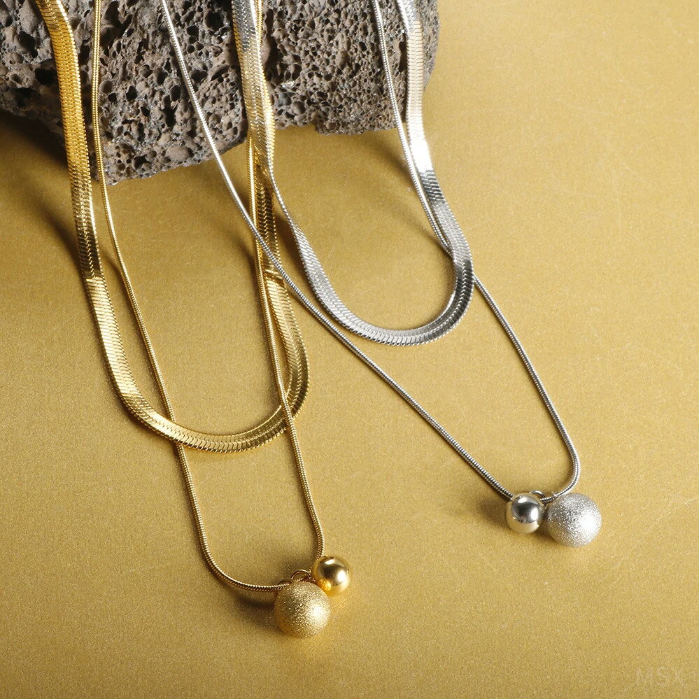 【送料無料】 チョーカー ペンダント ネックレス ステンレス チェーン ポール レディース メンズ スチール ボール ダブル レイヤー シャイニー 防水 刃 ブ...