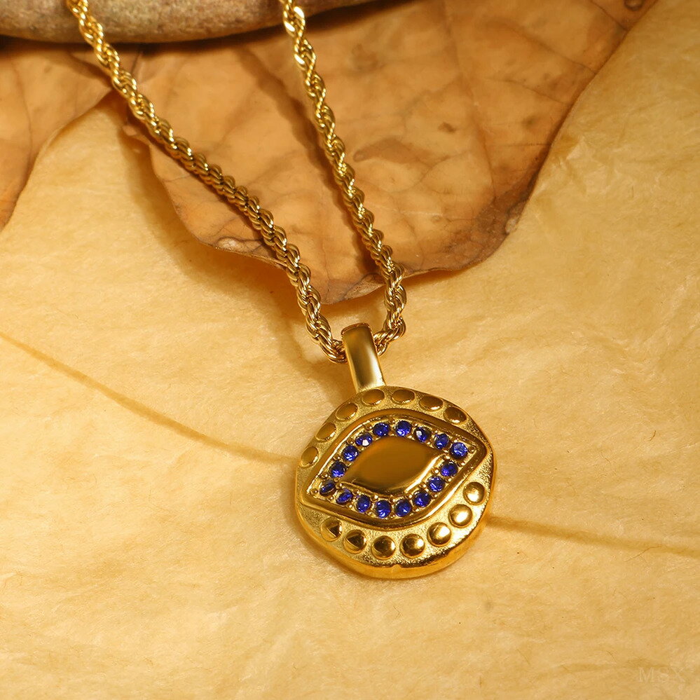 【送料無料】 チョーカー ペンダント クリスタル ステンレス 青 ブルー チェーン レディース スチール ツイスト 気質 ファッション ロイヤル 目 型 チャーム ネック ジュエリー