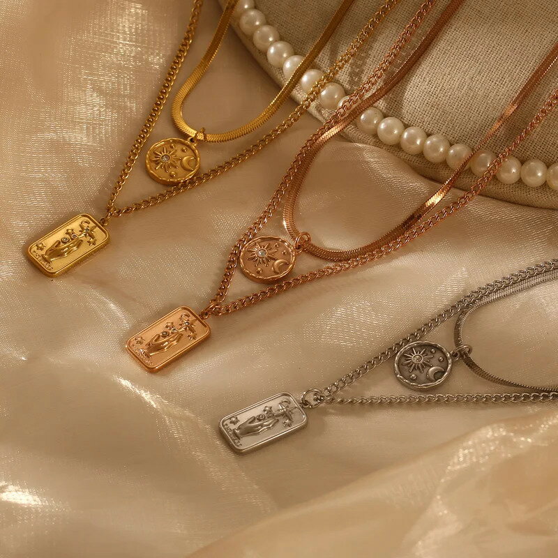 【送料無料】 チョーカー ペンダント ネックレス ステンレス フランス スクエア チェーン ラウンド レディース トレンド 四角 ダブル ガール 3 カラー スチール 襟 ファイン ジュエリー