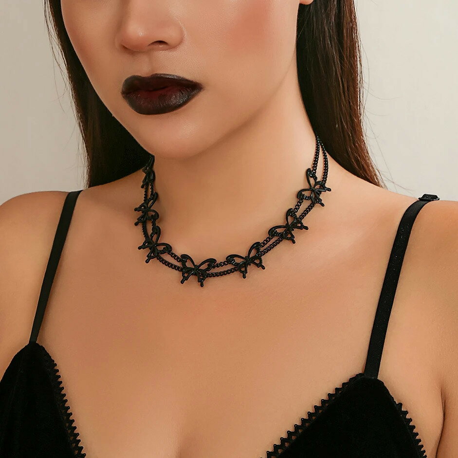 【送料無料】 チョーカー ネックレス 蝶 バタフライ 黒 ブラック ビンテージ インセクト チェーン 昆虫 レディース ゴス 透かし 鎖骨 多層 マルチレイヤー...