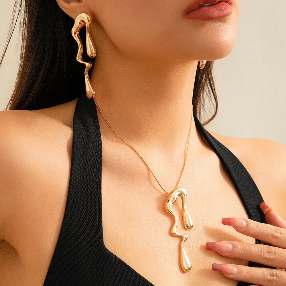 【送料無料】 チョーカー ペンダント ピアス ネックレス ビンテージ チェーン ドロップ レディース 2個 クリエイティブ イレギュラー 水 スタッド 幾何学 ジュエリー セット