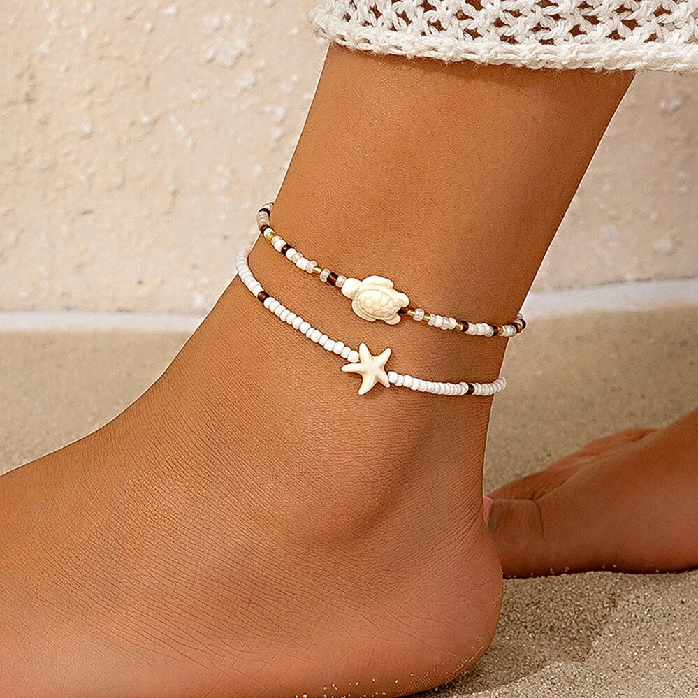 【送料無料】 アンクレット 動物 アニマル チェーン スイーツ ヒトデ ビーズ お菓子 レディース 2個 kpop BOHO 亀 かめ カメ タートル 巻き貝 ...