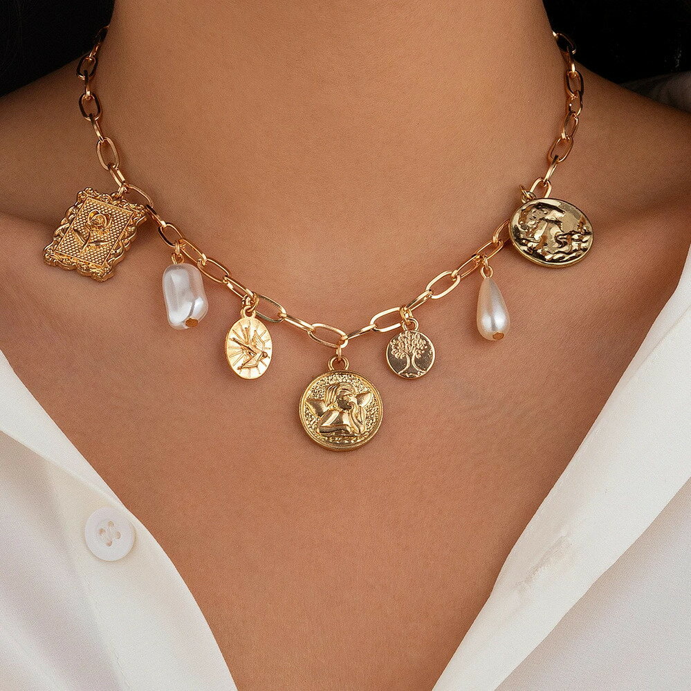 【送料無料】 チョーカー ペンダント ネックレス 花 フラワー チェーン メタル パール コイン レディース パンク ローズ イレギュラー イミテーション タッ...