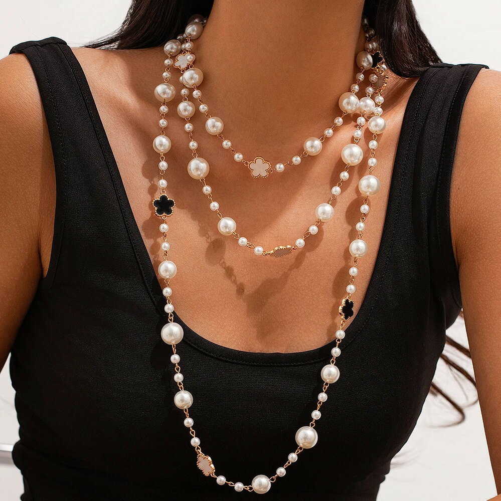 【送料無料】 チョーカー ネックレス 花 フラワー チェーン パール ロング レディース エレガント 多層 マルチレイヤー イミテーション 調整可能 Y2K ジュエリー ウェディング アクセサリー