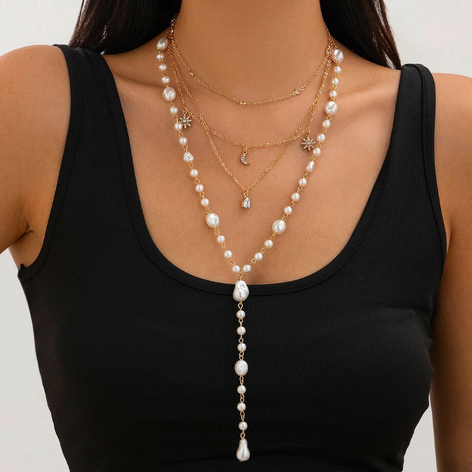 【送料無料】 チョーカー ペンダント ネックレス クリスタル ブライダル チェーン ドロップ パール 月 レディース 4個セット 多層 マルチレイヤー ムーン ...